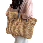 Women's Woven Tote Bag with Faux Leather Straps - 7