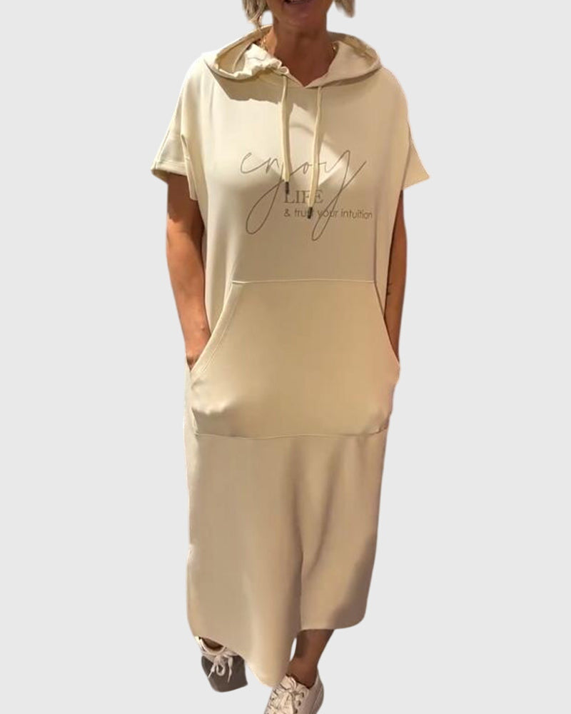 Women's Hooded Dress Short Sleeve with Kangaroo Pocket - 9