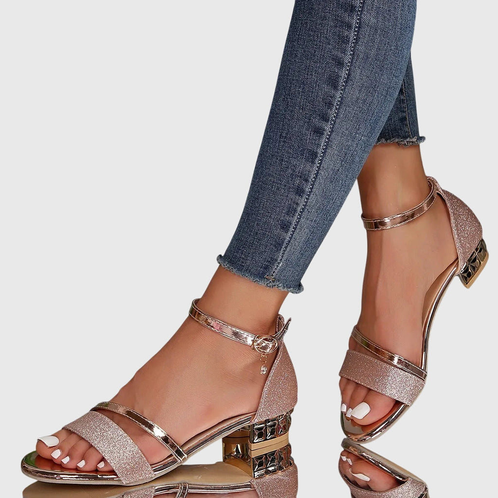 Women's Heeled Sandals with Ankle Strap and Block Heel - Rose gold