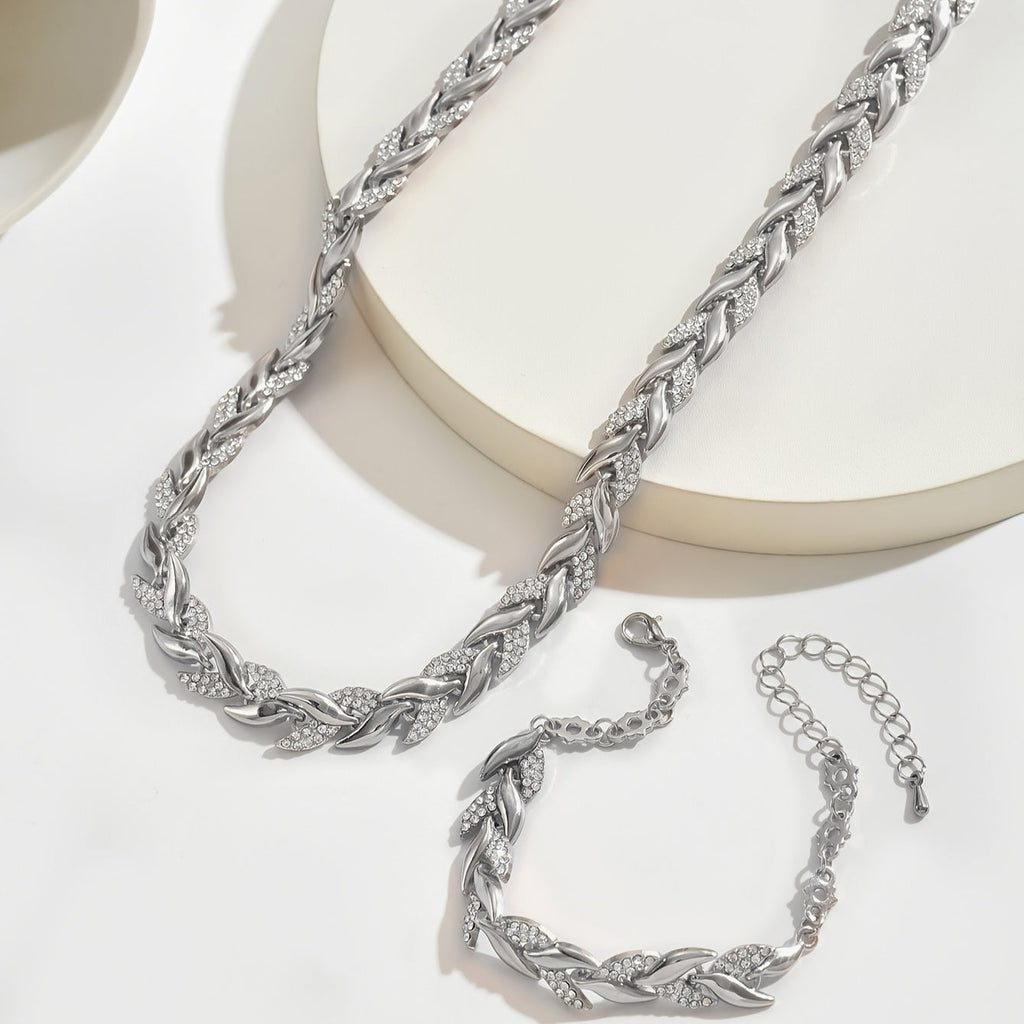 Women's Diamante Necklace and Bracelet Set with Leaf Link Design - 11