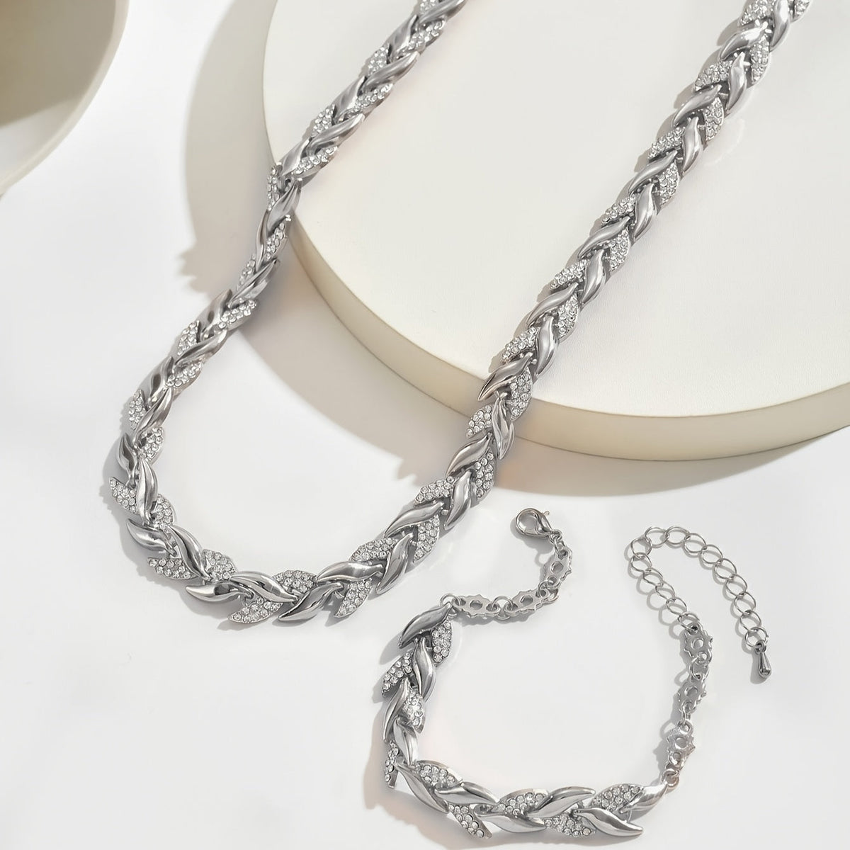 Women's Diamante Necklace and Bracelet Set with Leaf Link Design - 11