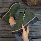 Women's Ankle Boots with Side Zip and Chunky Sole - Green
