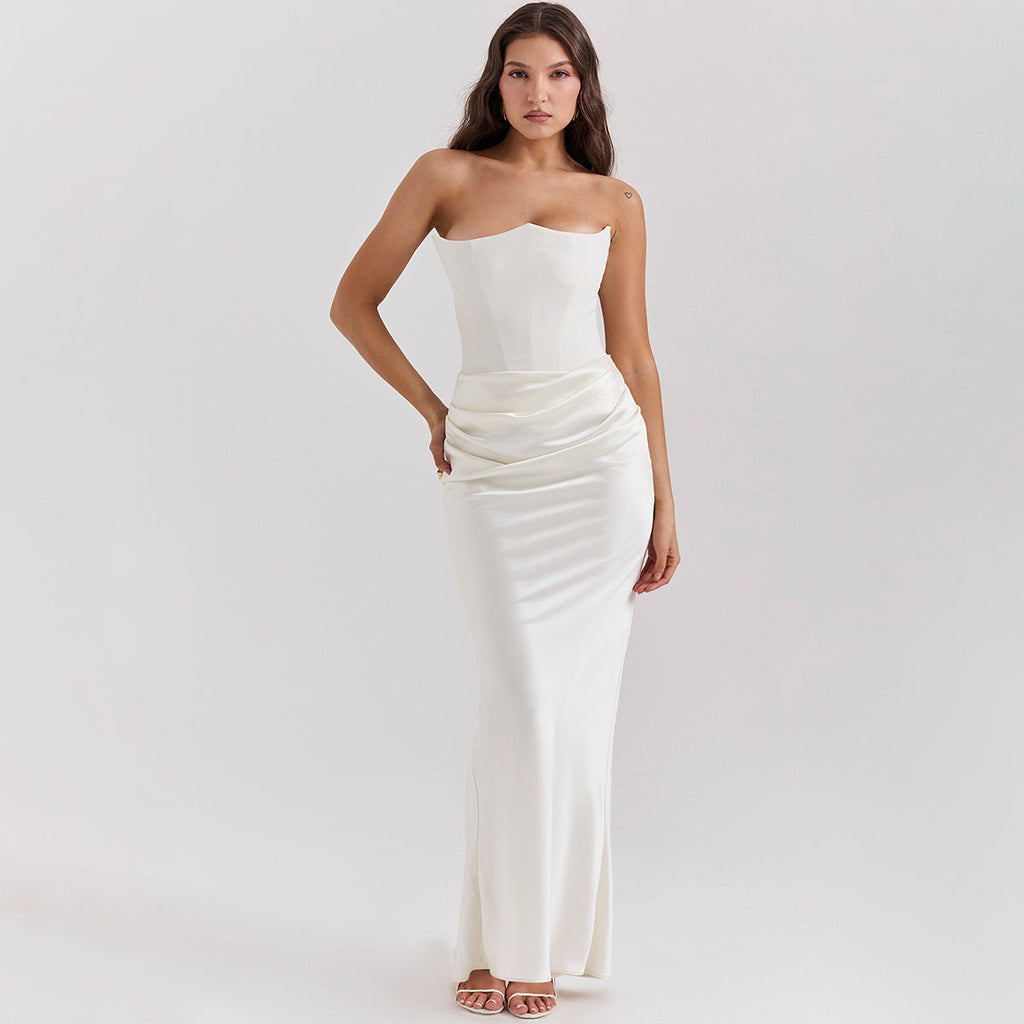 Women's Evening Dress Strapless with Corset Bodice and Draped Skirt - 7