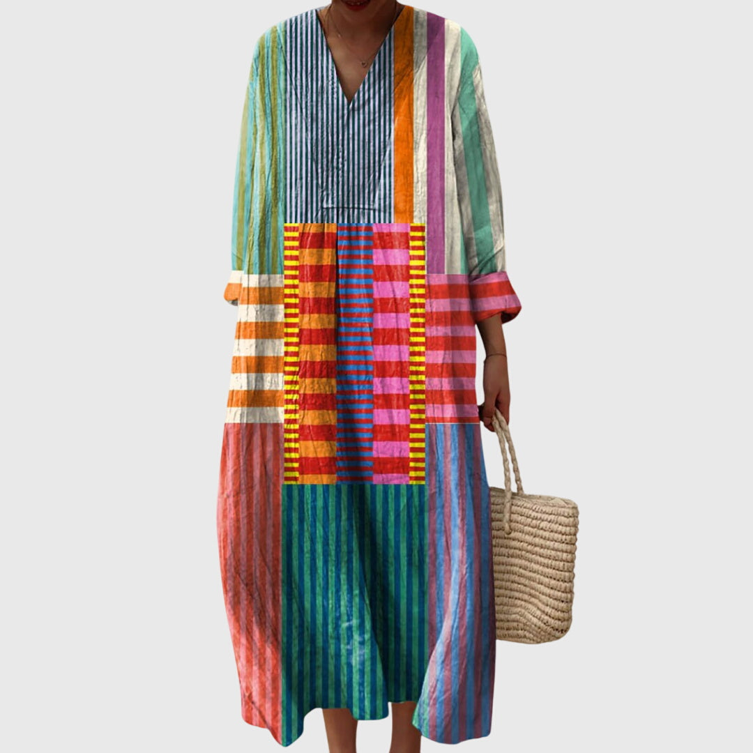 Women's Maxi Dress with V-Neck and Geometric Print - Style 1