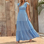Women's Floral Print Maxi Dress with V-Neck and Ruffle Sleeves - 2