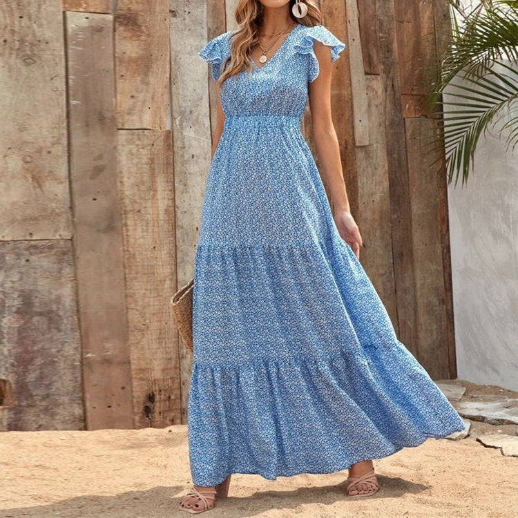 Women's Floral Print Maxi Dress with V-Neck and Ruffle Sleeves - 2