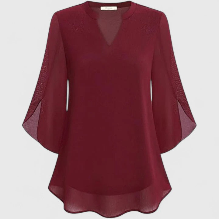 Women's Blouse V-Neck with Split Sleeves and Curved Hem - 5