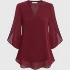 Women's Blouse V-Neck with Split Sleeves and Curved Hem - 5