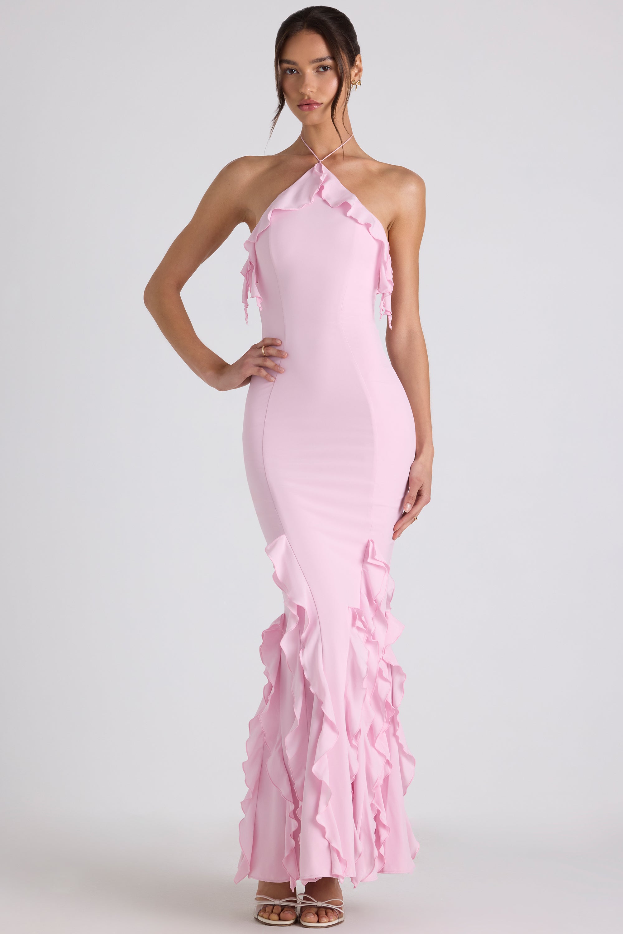 Women's Halterneck Maxi Dress with Ruffle Detail and Fitted Silhouette - 2