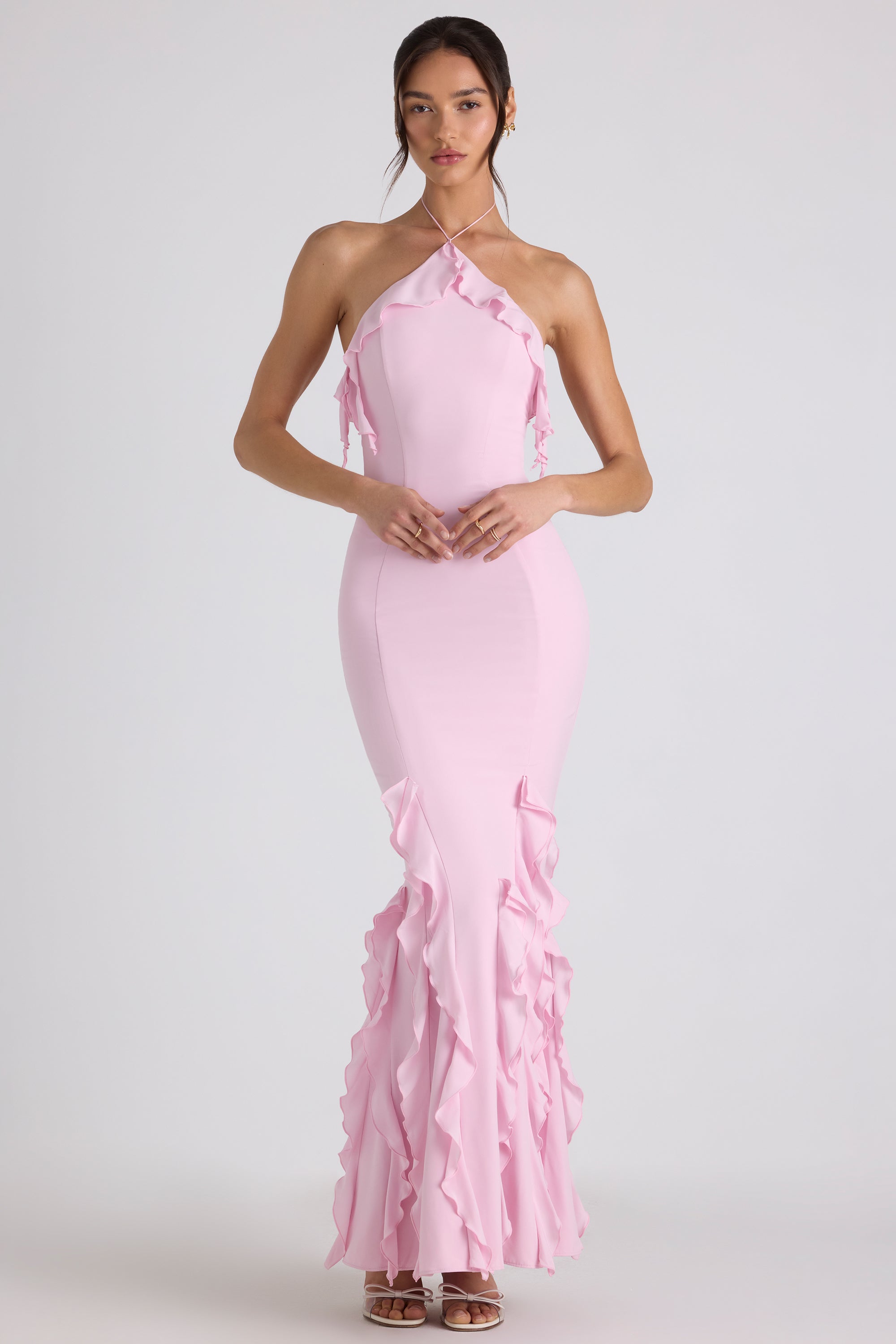 Women's Halterneck Maxi Dress with Ruffle Detail and Fitted Silhouette - 8