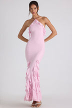 Women's Halterneck Maxi Dress with Ruffle Detail and Fitted Silhouette - 7