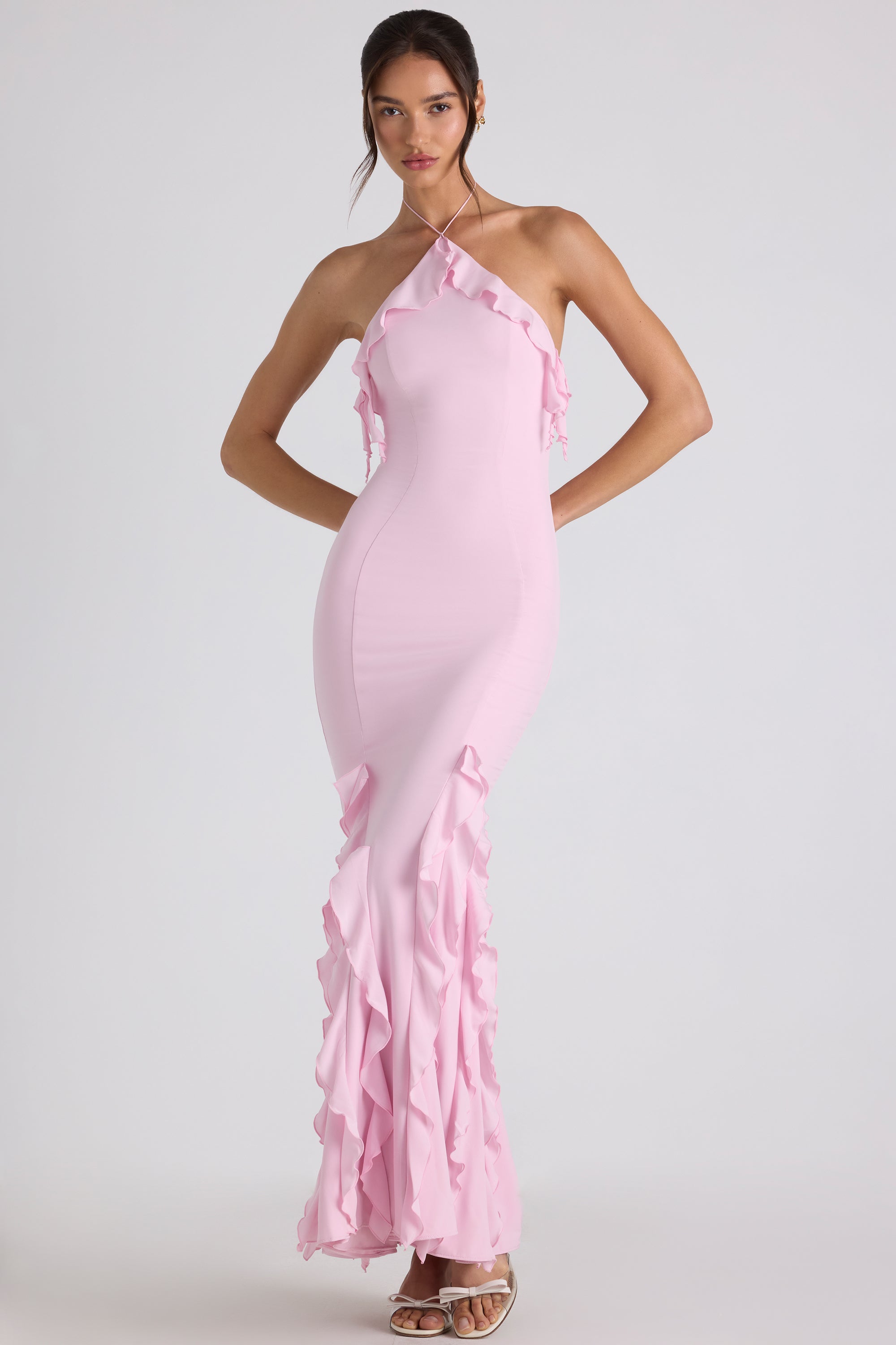 Women's Halterneck Maxi Dress with Ruffle Detail and Fitted Silhouette - 7