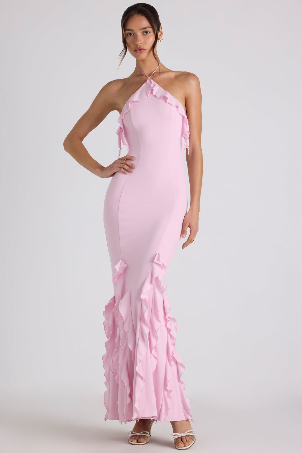 Women's Halterneck Maxi Dress with Ruffle Detail and Fitted Silhouette - 6