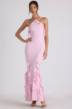 Women's Halterneck Maxi Dress with Ruffle Detail and Fitted Silhouette - 6