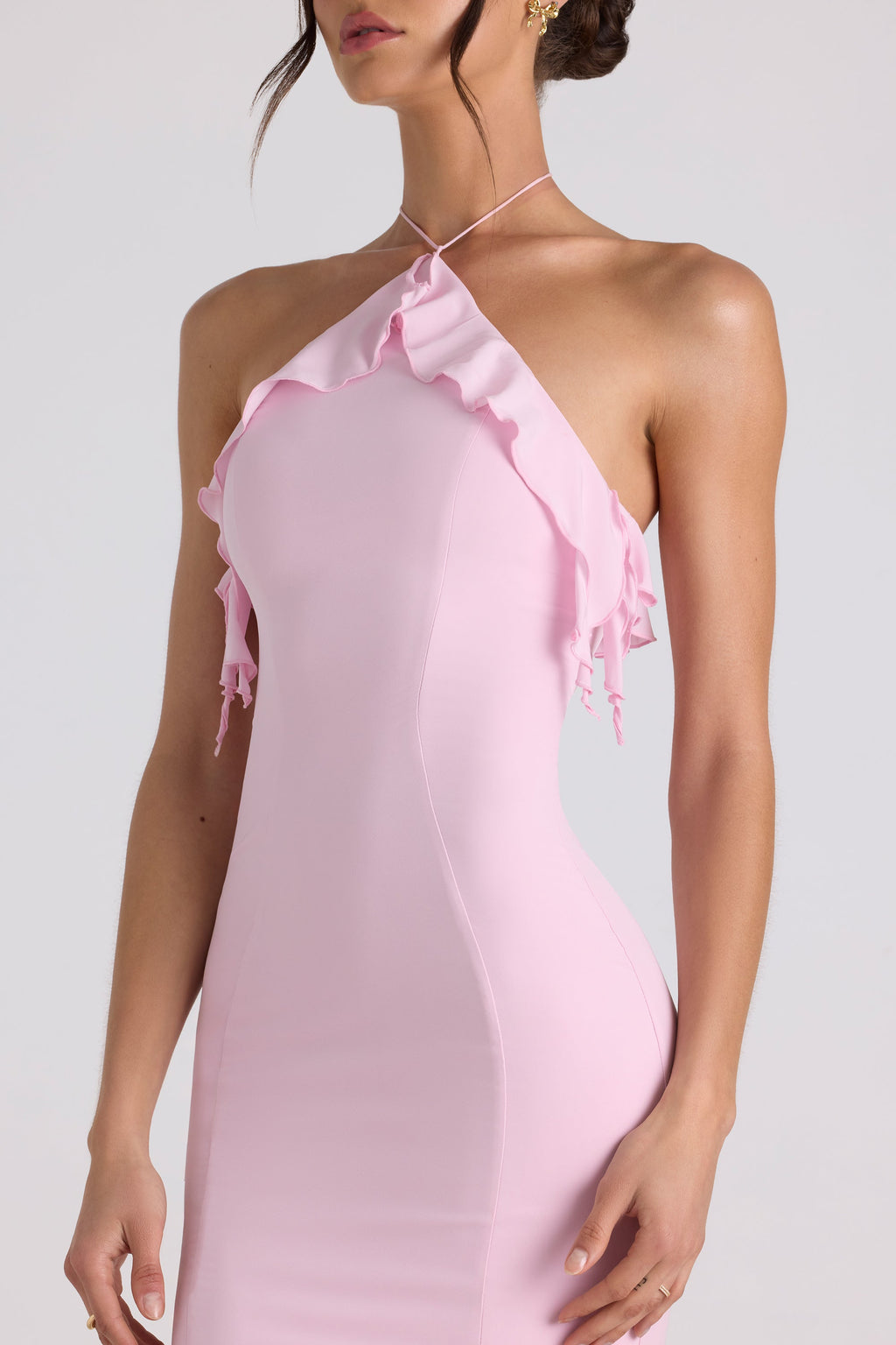 Women's Halterneck Maxi Dress with Ruffle Detail and Fitted Silhouette - 5