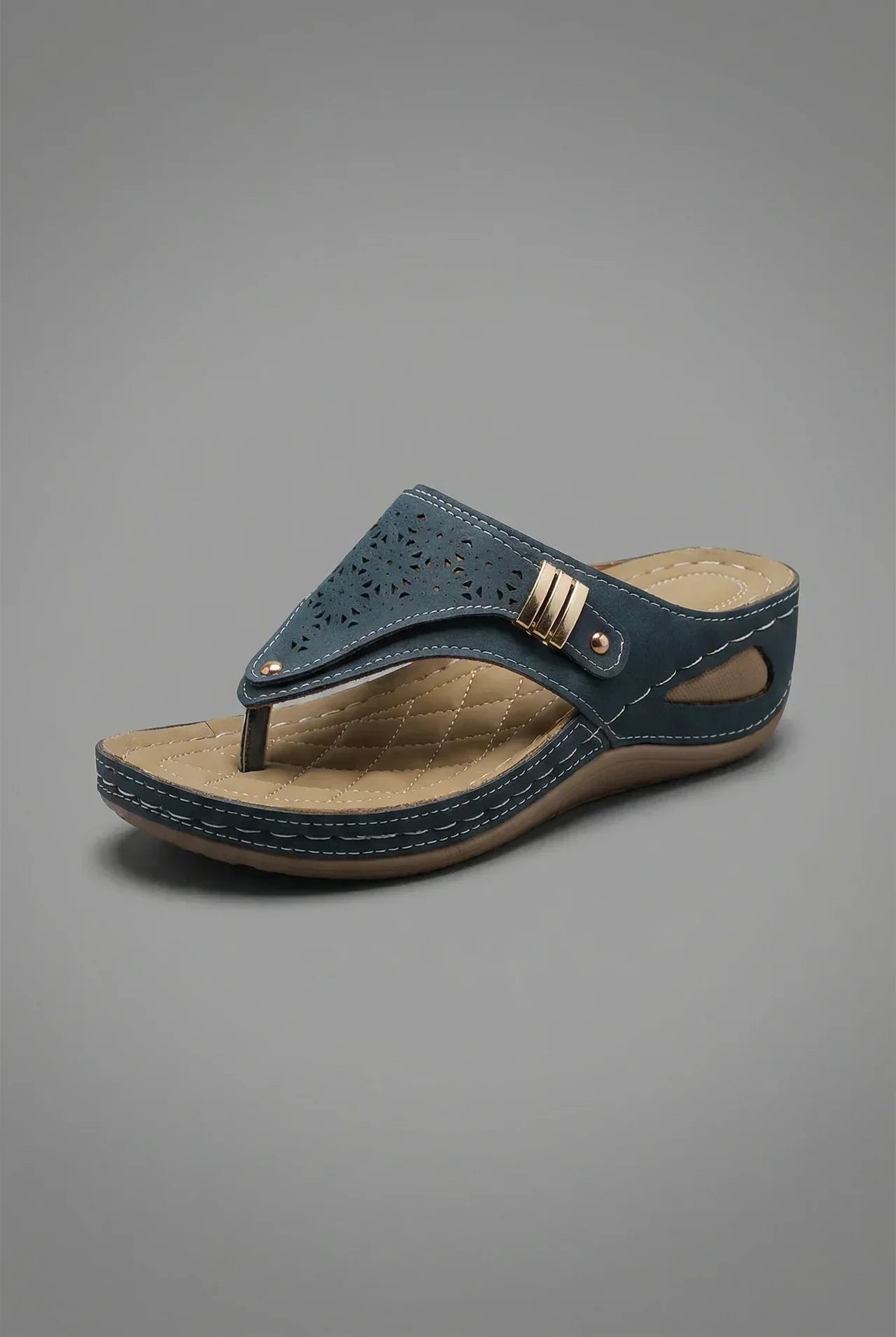 Women's Wide Fit Wedge Sandals with Toe Post Strap - Navy Blue