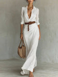 Women's Maxi Shirt Dress with Belt and Long Sleeves - White
