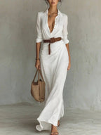 Women's Maxi Shirt Dress with Belt and Long Sleeves - White