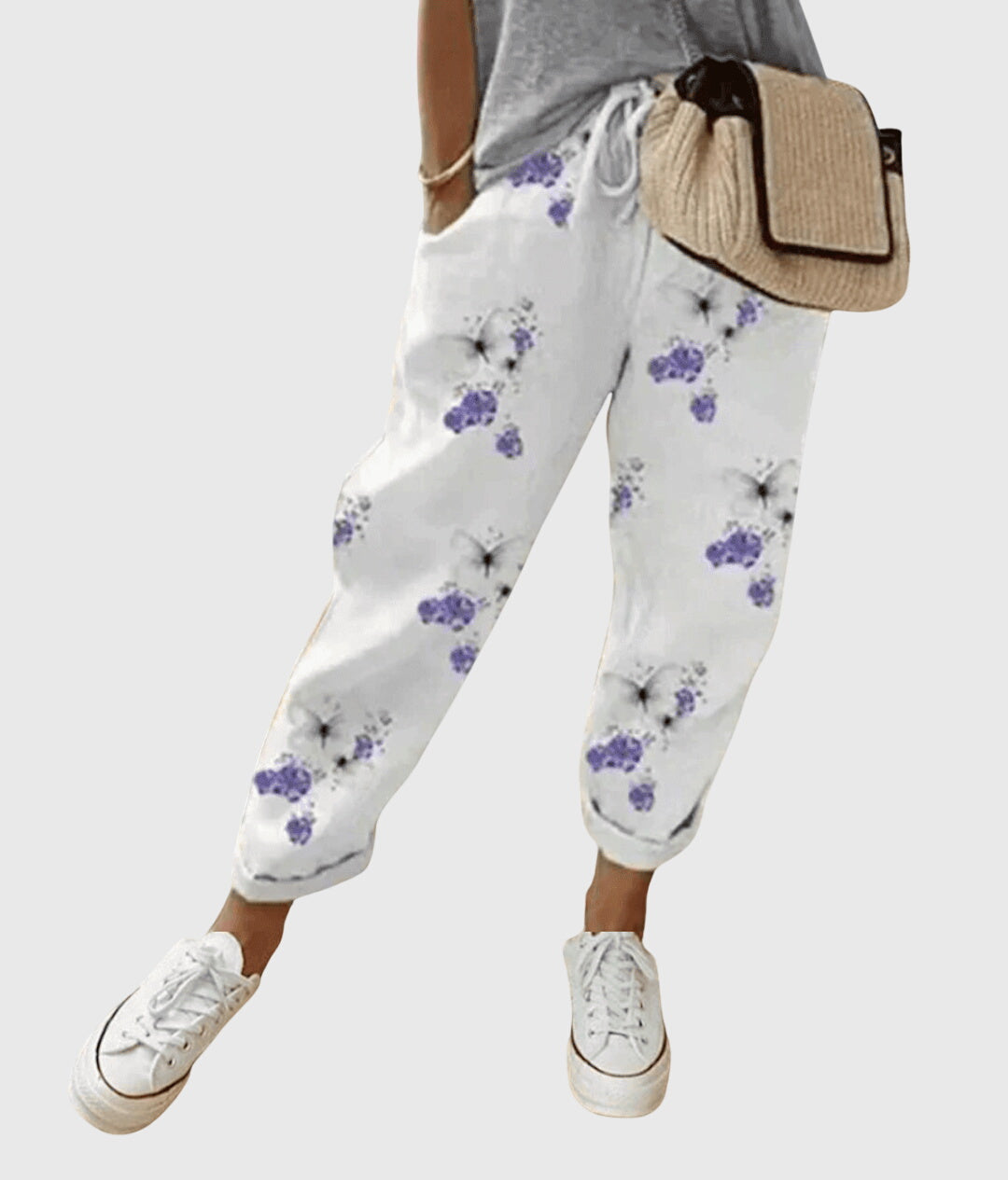 Women's Elastic Waist Trousers with Drawstring and Tapered Leg - Flowers