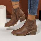 Women's Ankle Boots with Laser-Cut Detail and Block Heel - Brown
