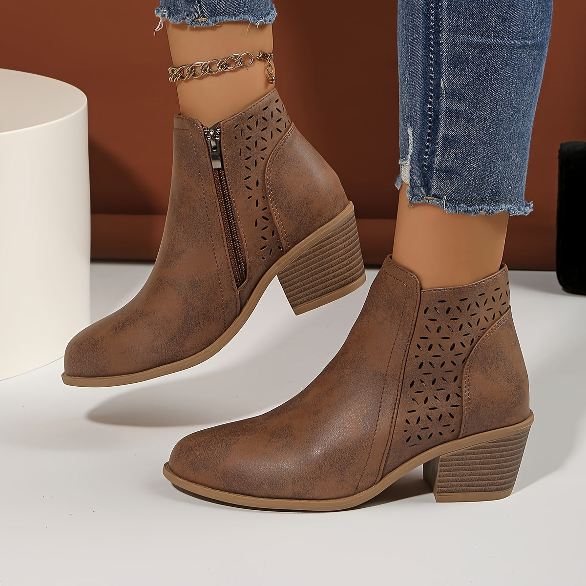 Women's Ankle Boots with Laser-Cut Detail and Block Heel - Brown