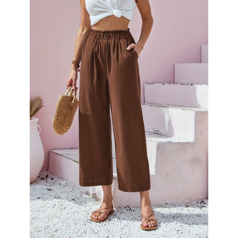 Women's High-Waisted Straight-Leg Trousers with Elastic Paperbag Waist - Dark Brown