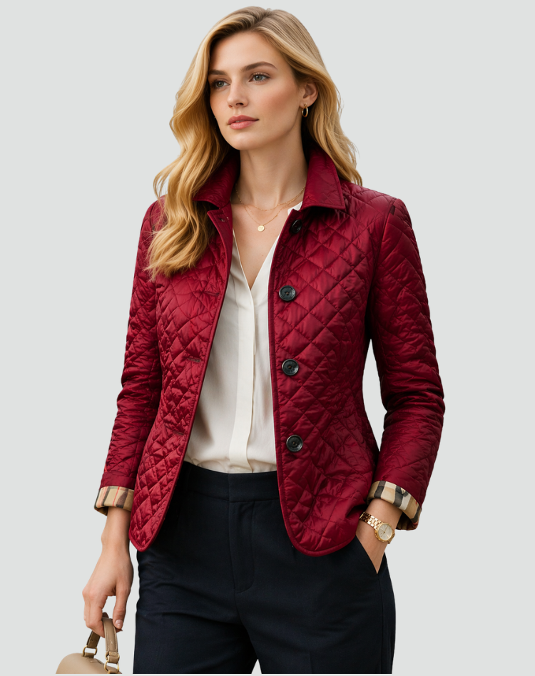 Women's Quilted Jacket with Collar and Button Closure - Dark Red