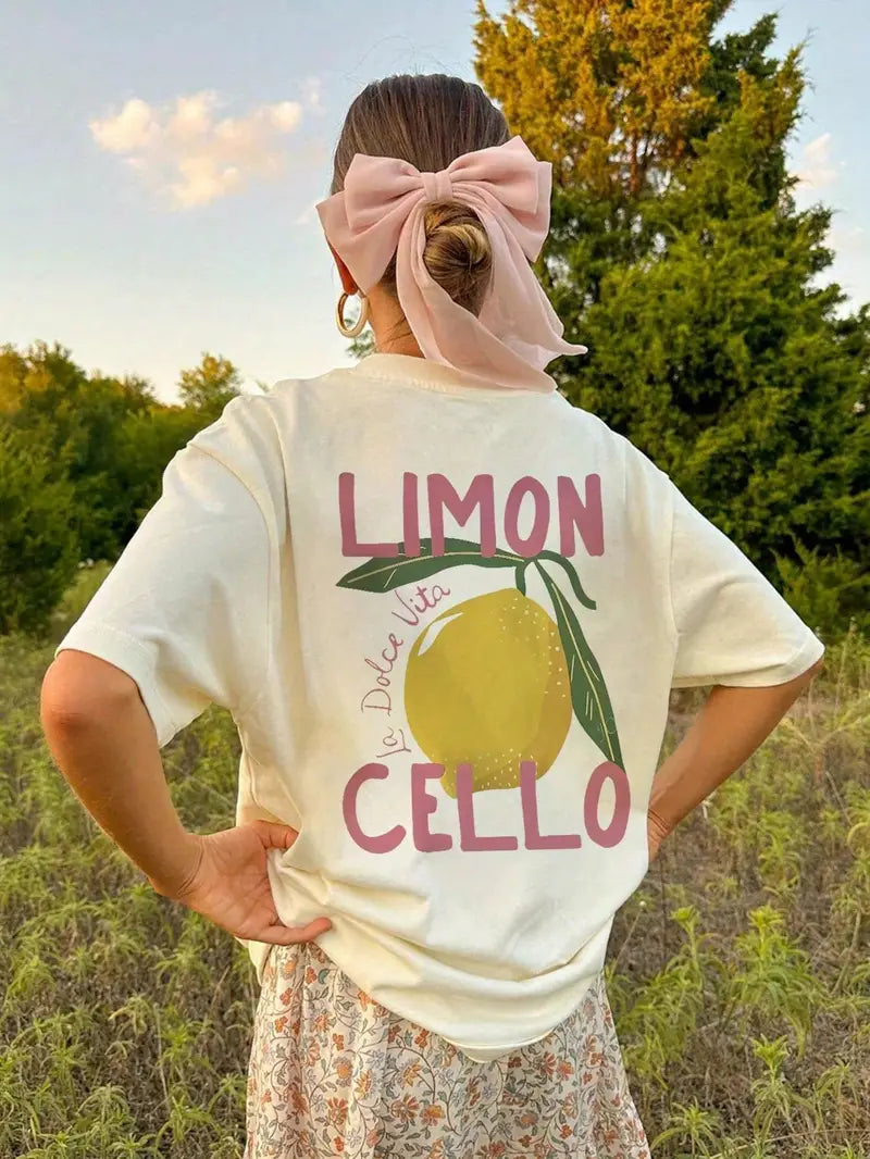 Women's Lemon Print T-Shirt with Back Graphic - 2
