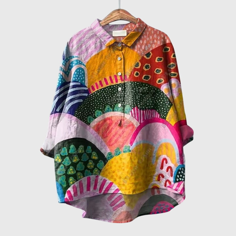 Women's Blouse Long Sleeve with Floral Print and Collar - Print 1