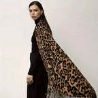 Women's Winter Scarf with Fringed Edges and Leopard Print - 3