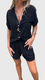 Women's Two-Piece Set Collared Shirt with Shorts - Black