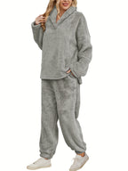 Women's Fleece Loungewear Set Shawl Collar Hoodie Trousers