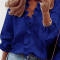 Women's Blouse with Ruffle Trim and Voluminous Sleeves - Navy Blue