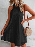 Women's Halter Neck Mini Dress with Eyelet Embroidery and A-Line Silhouette - Black