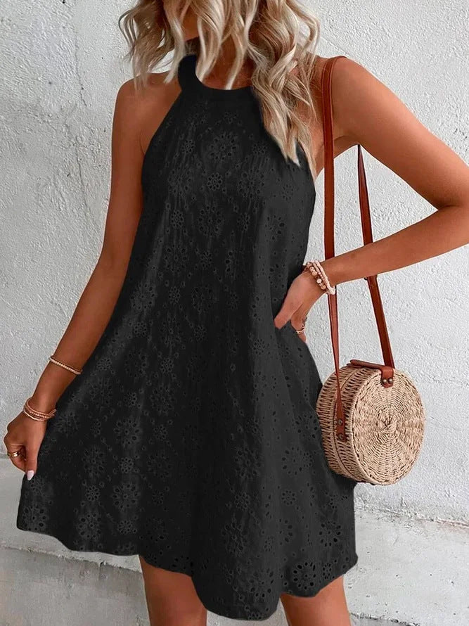 Women's Halter Neck Mini Dress with Eyelet Embroidery and A-Line Silhouette - Black