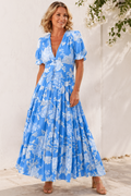 Women's Maxi Dress Puff Sleeve with V-Neck and Tiered Skirt - Blue
