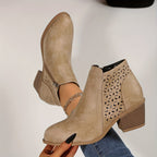 Women's Ankle Boots with Laser-Cut Detail and Block Heel - Beige