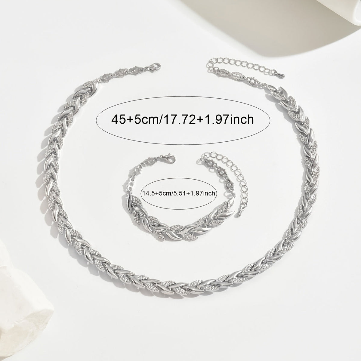 Women's Diamante Necklace and Bracelet Set with Leaf Link Design - 12