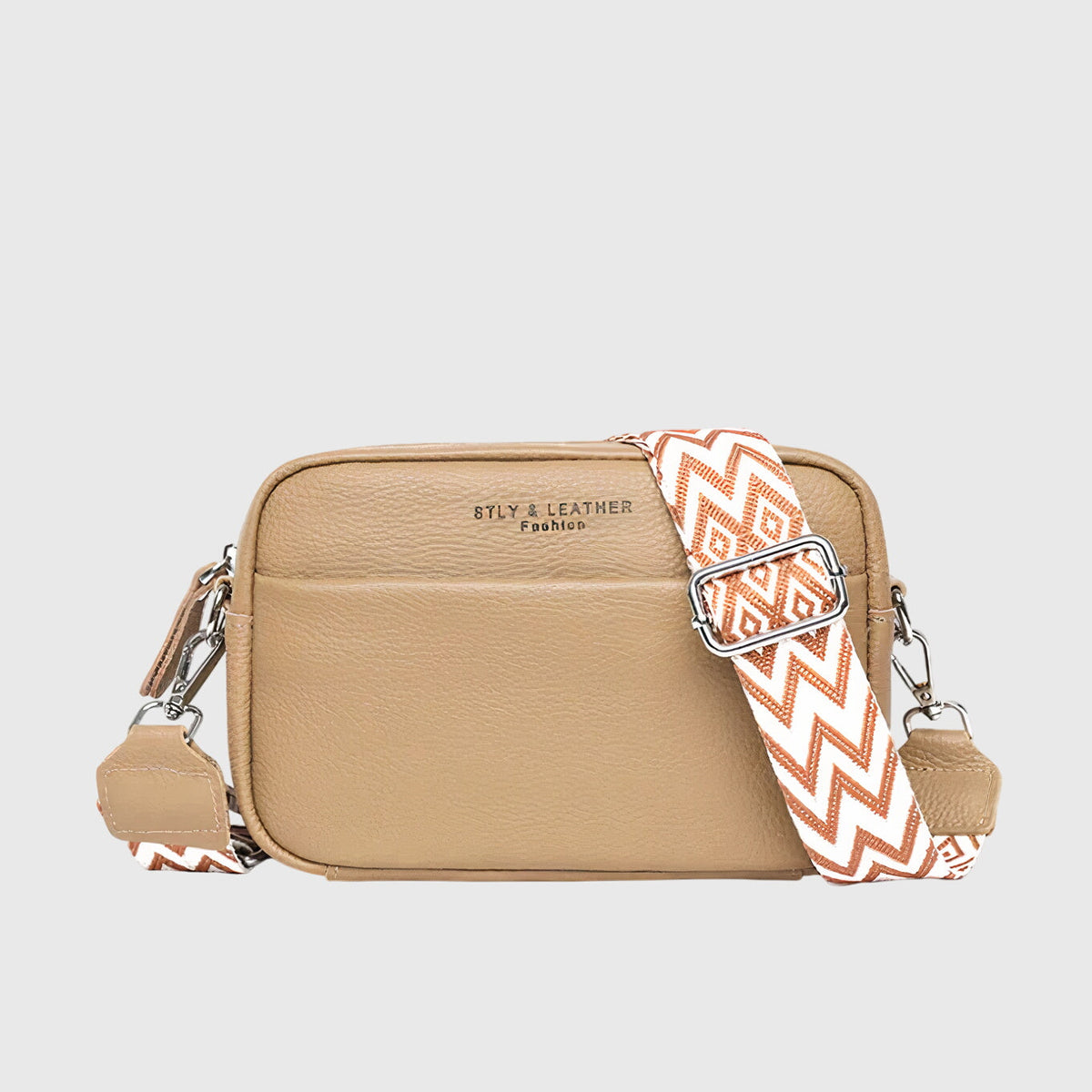Women's Structured Crossbody Bag with Patterned Strap - Khaki