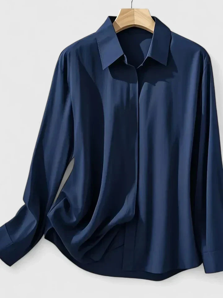 Women's Long Sleeve Shirt with Collar and Curved Hem - 5