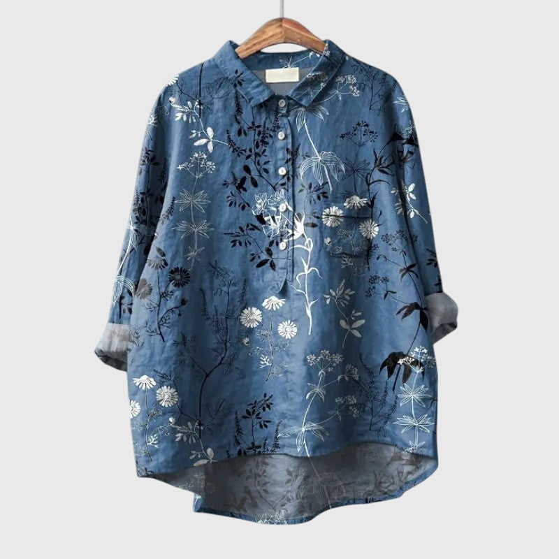 Women's Blouse Long Sleeve with Collar and Chest Pocket - Blue
