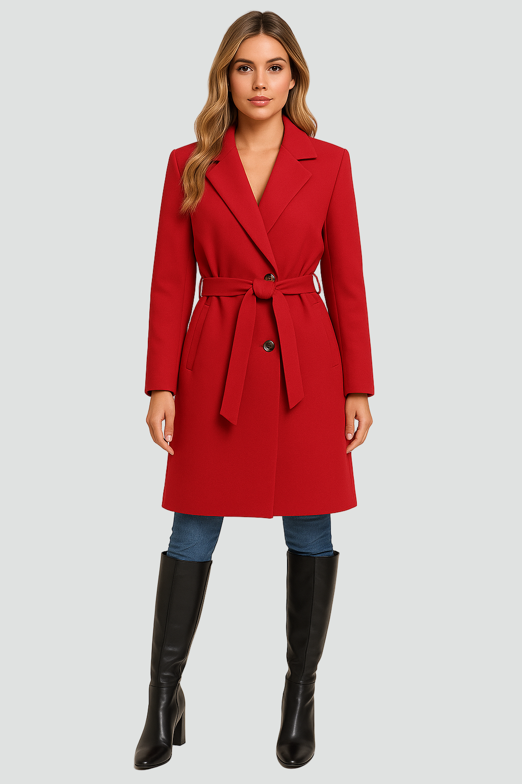 Women's Padded Coat with A-Line Silhouette and Double Buttons - Red