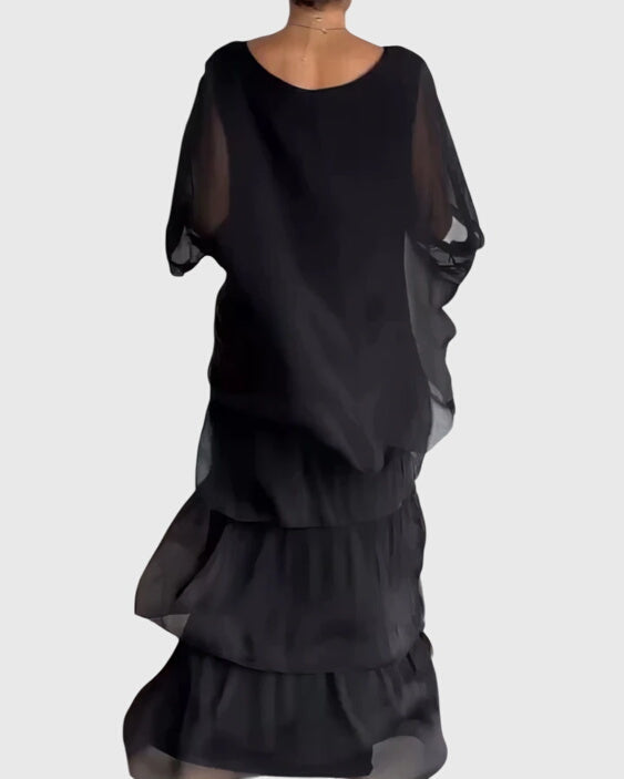 Women's Tiered Maxi Dress with Round Neck and Long Sleeves - 3