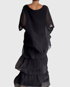 Women's Tiered Maxi Dress with Round Neck and Long Sleeves - 3