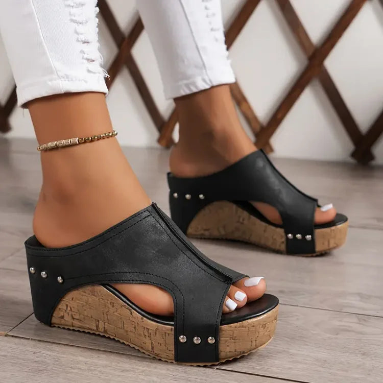 Women's Wedge Slide Sandals with Open Toe and Stud Detailing - Black