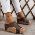 Women's Wedge Slide Sandals with Open Toe and Stud Detailing - Brown
