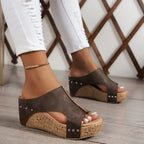 Women's Wedge Slide Sandals with Open Toe and Stud Detailing - Brown