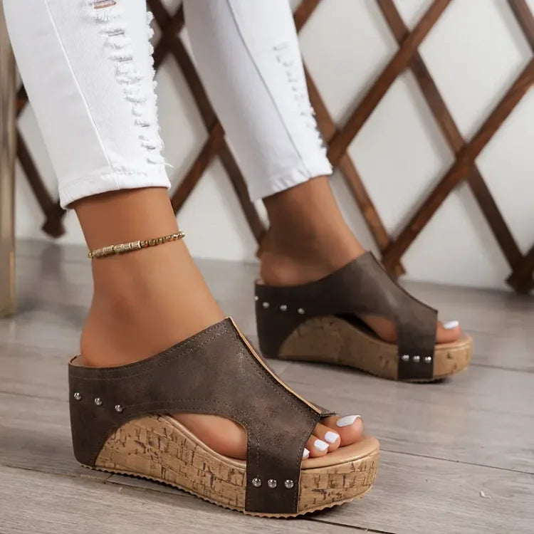 Women's Wedge Slide Sandals with Open Toe and Stud Detailing - Brown