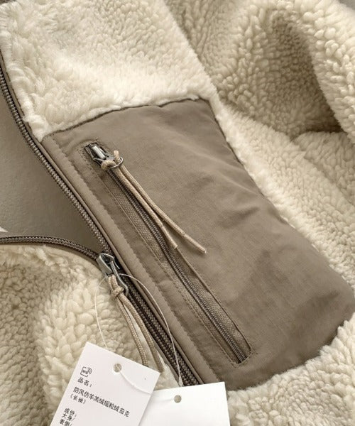 Women's Teddy Coat with High Collar and Zip Pocket - 16