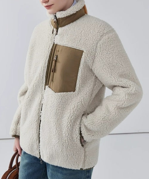 Women's Teddy Coat with High Collar and Zip Pocket - 2